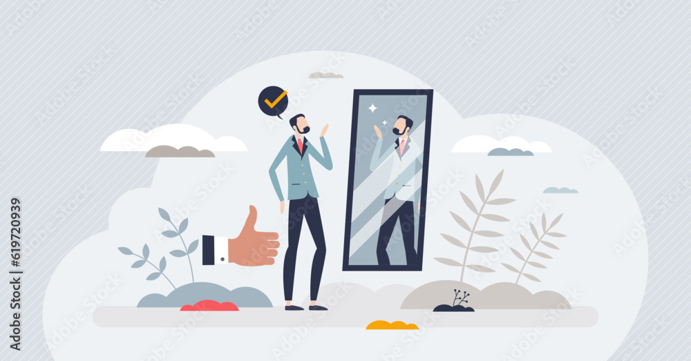 Self presentation and learning how to introduce yourself tiny person concept. Mirroring for good look, appearance and visual style vector illustration. Confidence and personality impression training. Self presentation and learning how to introduce yourself tiny person concept. Mirroring for good look, appearance and visual style vector illustration. Confidence and personality impression training.