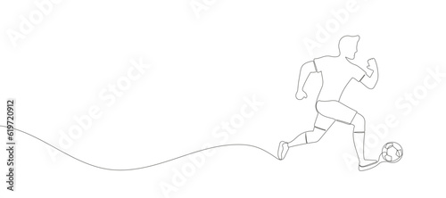 Continuous one line drawing of running soccer player man with ball. Football. Vector illustration