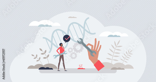 Biohacking as personal body medicine DNA improvement tiny person concept. Genetic hacking to improve life and wellness performance vector illustration. Biotech and genetic manipulation experiment.