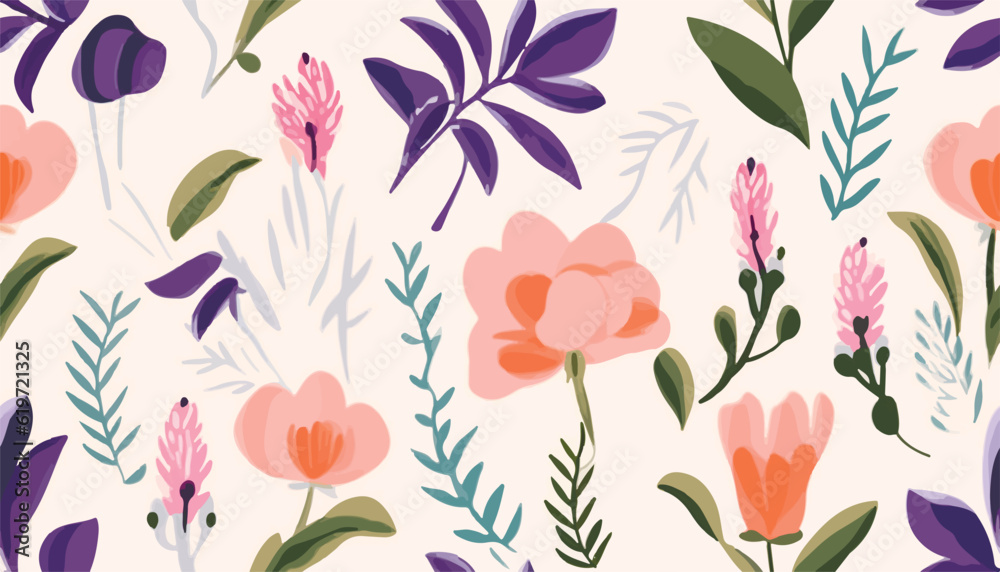 Modern hand drawn flowers pattern. Romantic beautiful botanical print. Unique fashionable template for design.