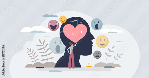 Emotional intelligence as ability to understand feelings tiny person concept. Face expression and mood changes recognition and fair psychological judgment vector illustration. Empathy as soft skill. photo