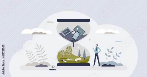 Digital detox and escape from technology to nature tiny person concept. Exit cyberspace to outdoor relaxation and disconnect from gadgets vector illustration. Turn off smartphone and enjoy forest.