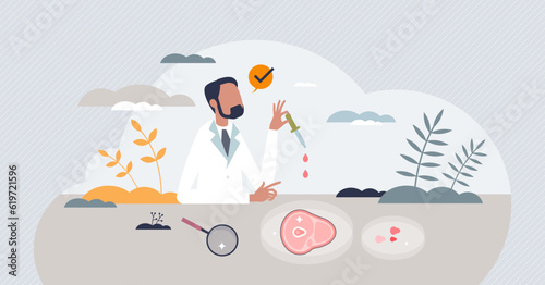 Alternative proteins as plant based or artificial meat solution tiny person concept. Sustainable and environmental nutrition supplement with harvested beef and meatless substitute vector illustration