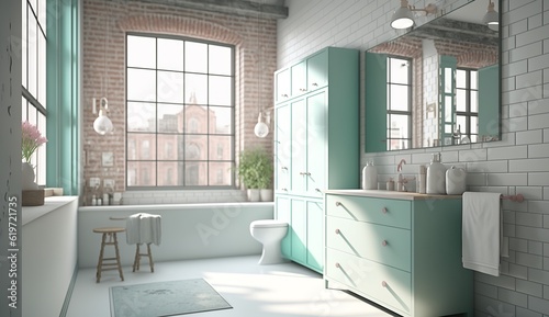 beautiful mint colored bathroom with large windows in a loft apartment