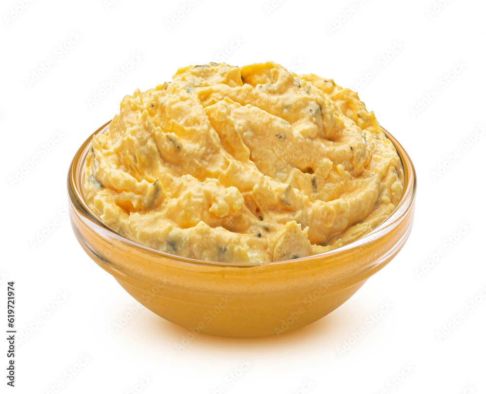 Egg spread with onion isolated on white background Egg spread with onion isolated on white background
