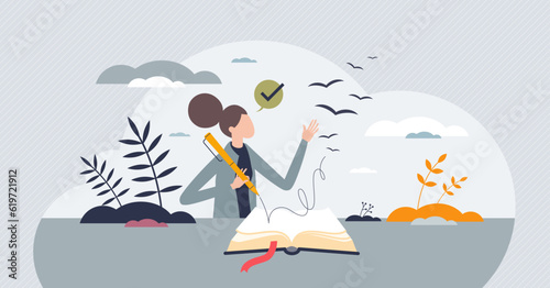 Journaling the journey or write diary about personal life tiny person concept. Notebook artist writing with author inspirational and motivational text for publication or memories vector illustration.