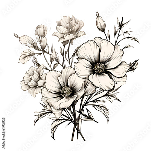 Black and white flowers, sketch, clipart