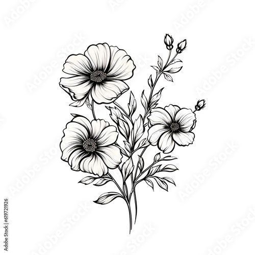 Black and white flowers, sketch, clipart