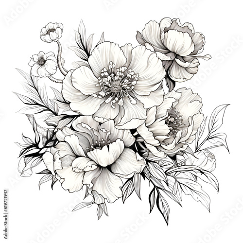 Black and white flowers, sketch, clipart