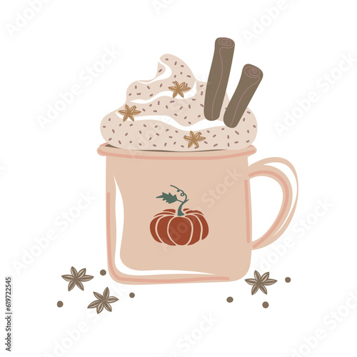 Pumpkin spice latte coffee mug for autumn menu or greeting card design. Seasonal hot drink with foam, cream, cinnamon. Vector illustration