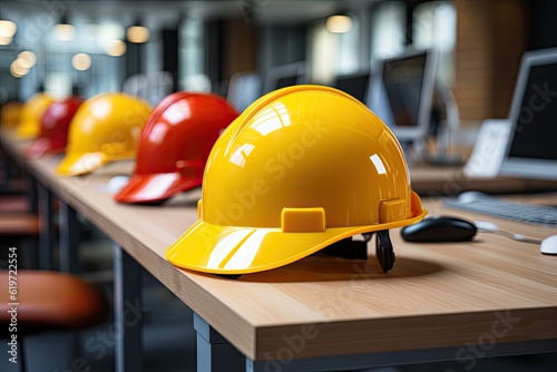 Yellow safety helmet safety helmet on workplace desk clipping path, hard hat
