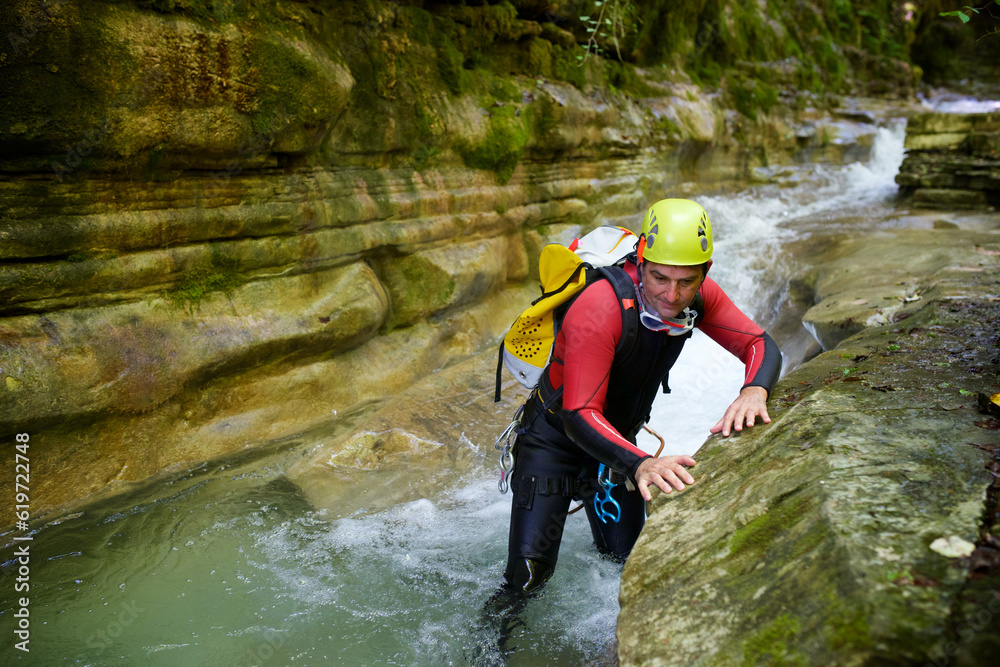 Canyoneering in Forco Canyon, Pyrenees in Spain Canyoneering in Forco Canyon, Pyrenees in Spain