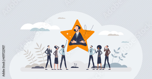 Employee engagement and best work appreciation bonus tiny person concept. Job stimulus and satisfaction with financial reward, motivational bonus system and inspiring assessment vector illustration.