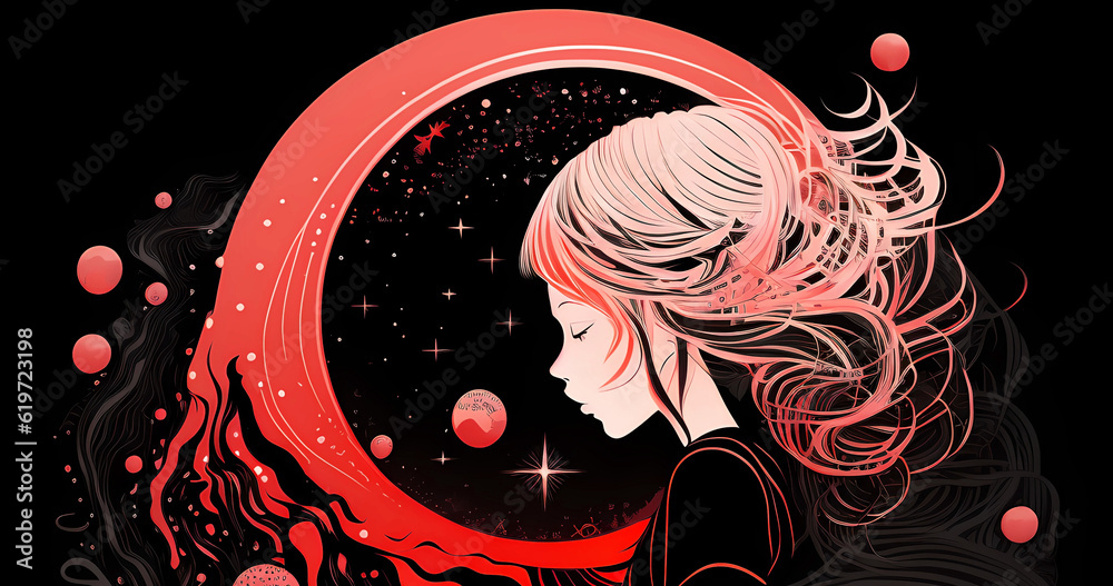 Red modern background with abstract dark space element. Minimal cartoon cosmic backdrop