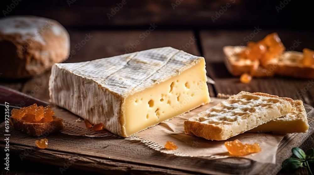 Hard cheese on a wooden board cut into bars. Fermented milk product, Production of cheese with nuts or lavender. Generative AI

