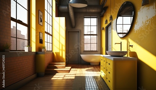 beautiful yellow bathroom with large windows in a loft apartment