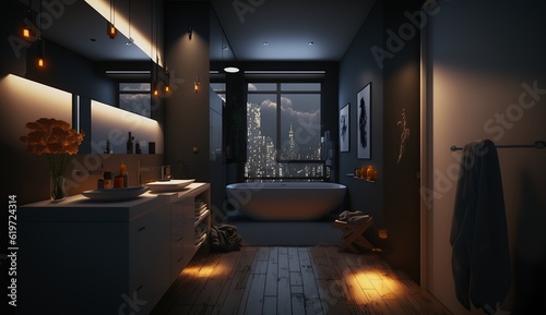 beautiful dark colored bathroom with large windows in a loft apartment