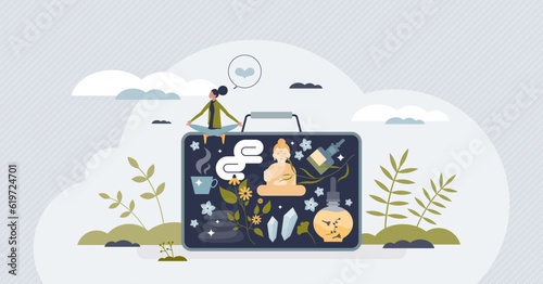 Wellness tourism and travel for healthcare and relaxation tiny person concept. Vacation to SPA services, aroma therapy or alternative medicine practices vector illustration. Holistic beauty trip.