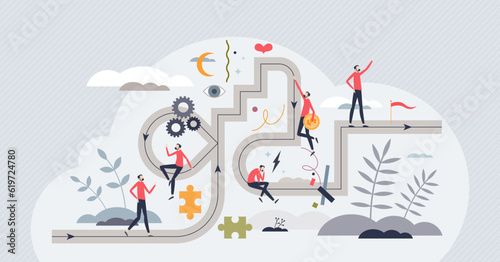 Life journey and highway path with complex direction tiny person concept. Complicated challenge in career or personal experience vector illustration. Unknown future events in unpredictable chaos.