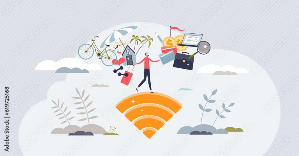 Balancing life and work online and distant job from home tiny person concept. Career and recreation management with freelance business planning vector illustration. Family or financial choice control