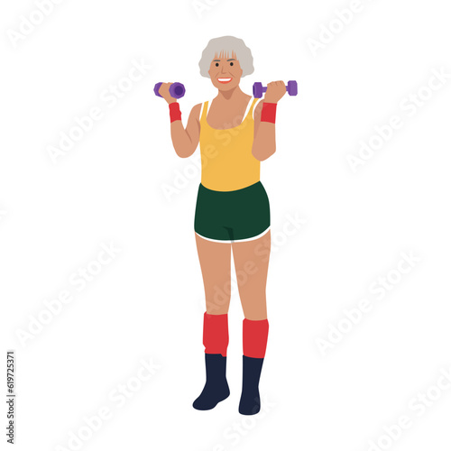 Eldery woman doing exercises with dumbbells Workout at home. Flat vector illustration isolated