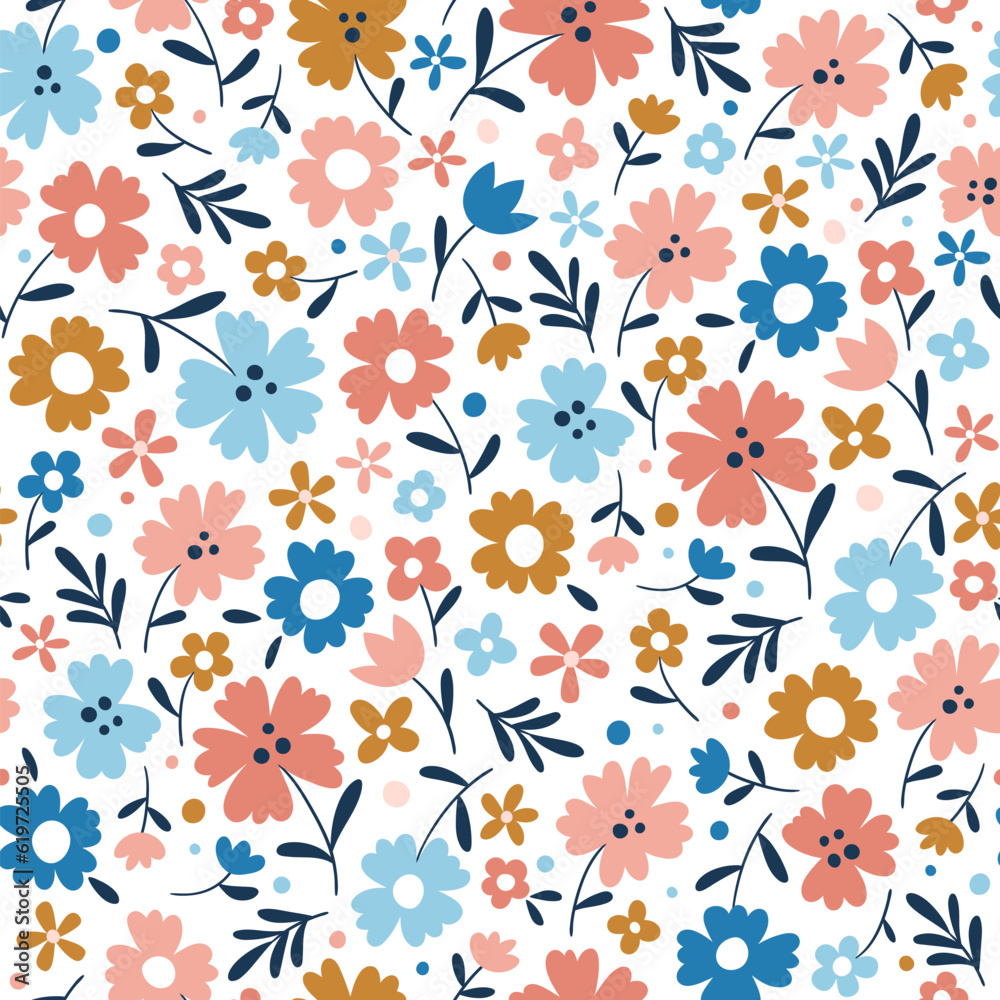 Seasonal flowers seamless pattern. Repeat pattern with lovely flowers on white background. Square design. Vector illustration.