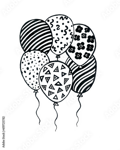 Fototapeta Naklejka Na Ścianę i Meble -  Doodle of balloons. Six balls with a black outline isolated on a white background. Each ball is filled with a pattern - lines, waves, triangles, flowers, dots.