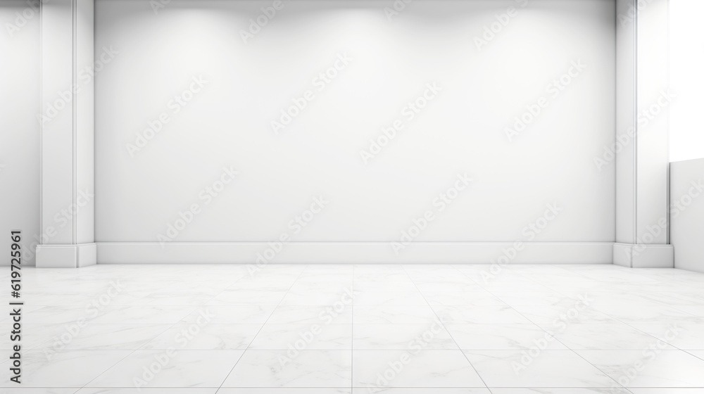 Fototapeta premium White wall empty apartment room with marble floor and walls. Copy space for product placement. Generative AI