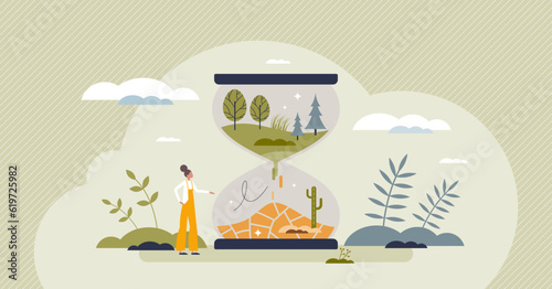 Climate change and devastating drought from deforestation tiny person concept. Global warming changes to environment and possible future soil destruction vector illustration. Ecosystem hot crisis.