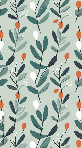 seamless floral pattern cool green and orange colors on mint background