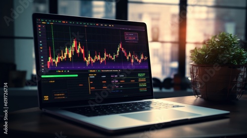 Stocks Market Graph Chart on Computer Screen, Financial Technical Analysis, Cryptocurrency Trade Exchange. Generative Ai