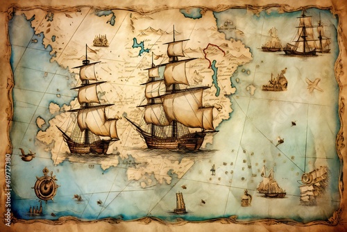 Obraz Old antique nautical treasure map on white background Generative AI 