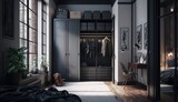 beautiful black wardrobe with large windows in a loft apartment