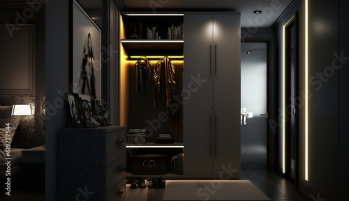 beautiful black wardrobe with large windows in a loft apartment