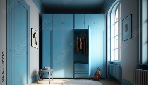 beautiful blue wardrobe with large windows in a loft apartment