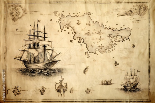 Old antique nautical treasure map on white background Generative AI 