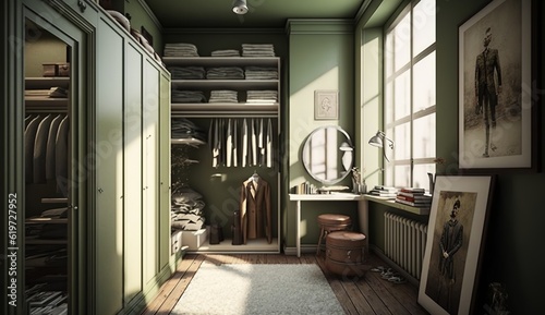 beautiful olive-colored wardrobe with large windows in a loft apartment