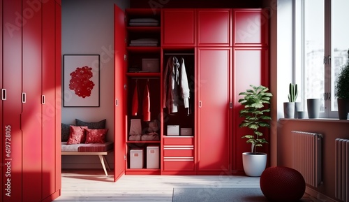 beautiful red wardrobe with large windows in a loft apartment © Sndor