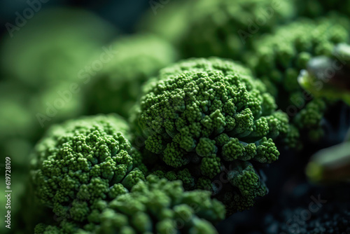 Through macro photography  this stunning image highlights the intricate details and textures of broccoli florets. Generative AI.