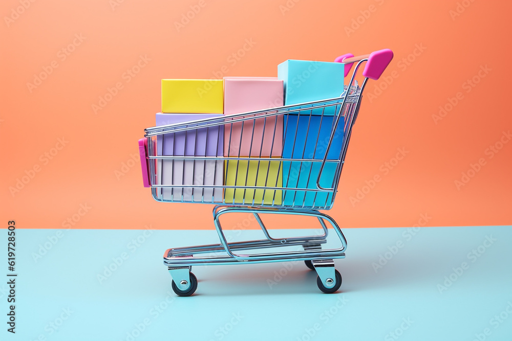 shopping cart promo scene on blue background. generative ai - obrazy, fototapety, plakaty 