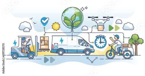 Green logistics and sustainable power usage for transport outline concept. Transportation and delivery with nature friendly and environmental fuel for fast and effective service vector illustration.