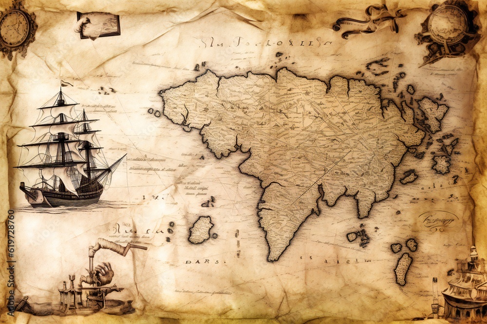 Old antique nautical treasure map on white background Generative AI Old antique nautical treasure map on white background Generative AI