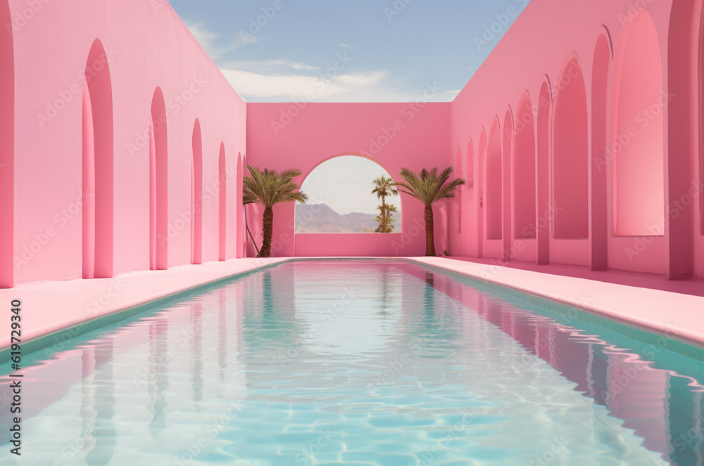 Pink pool. doll house. Glamor house. pink interior. Generative AI