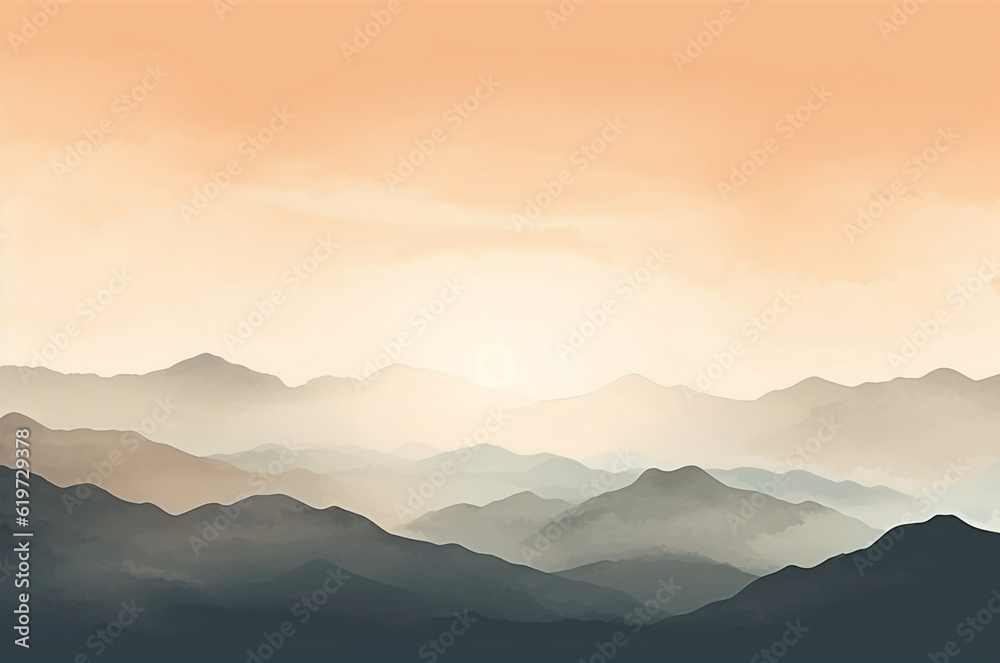 Watercolor mountains. Watercolor landscape. Nature. Sunset in the mountains. Generative AI