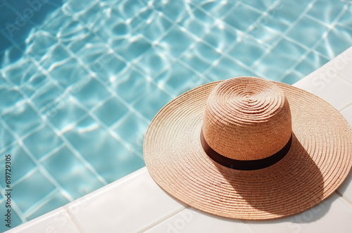 Straw hat on the side of the pool. Summer accessory. beach holiday. Headdress. Generative AI