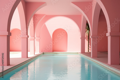 Pink pool. Glamor house. pink interior. Generative AI