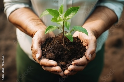 A woman transplants a plant. Land work. Ecology. Generative AI