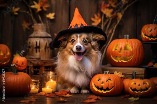 Dog in a hat. Halloween costume. Generative AI