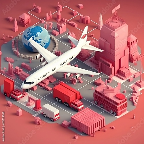 logistics business industry concept with plane truck and warehouse and globe world with isometric 3d low poly style, generative AI photo