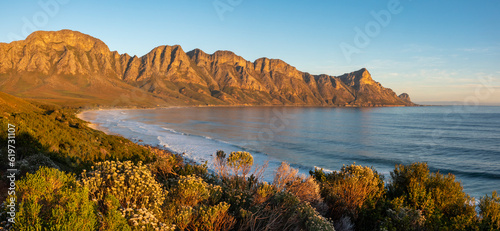 Beauiful evening views of Kogel Bay Beach and Kogelberg Mountain Range forming a beautiful backdrop. Overberg. Western Cape. South Africa